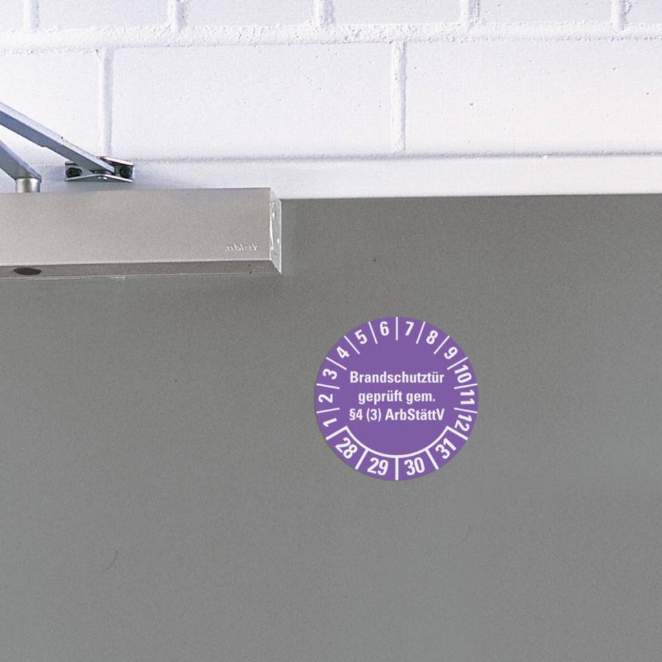 Prüfplakette Brandschutztür 28-31, violett, Dokumentenfolie, Ø 30mm, 18/Bogen