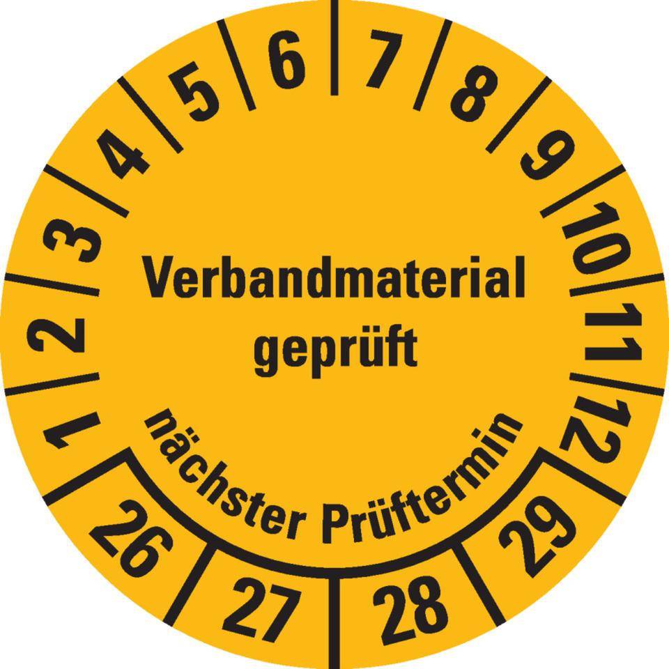 Prüfplakette Verbandmaterial geprüft, Nächster Prüftermin 26-29,gelb, Dokumentenfolie, Ø 35mm, 10/Bogen