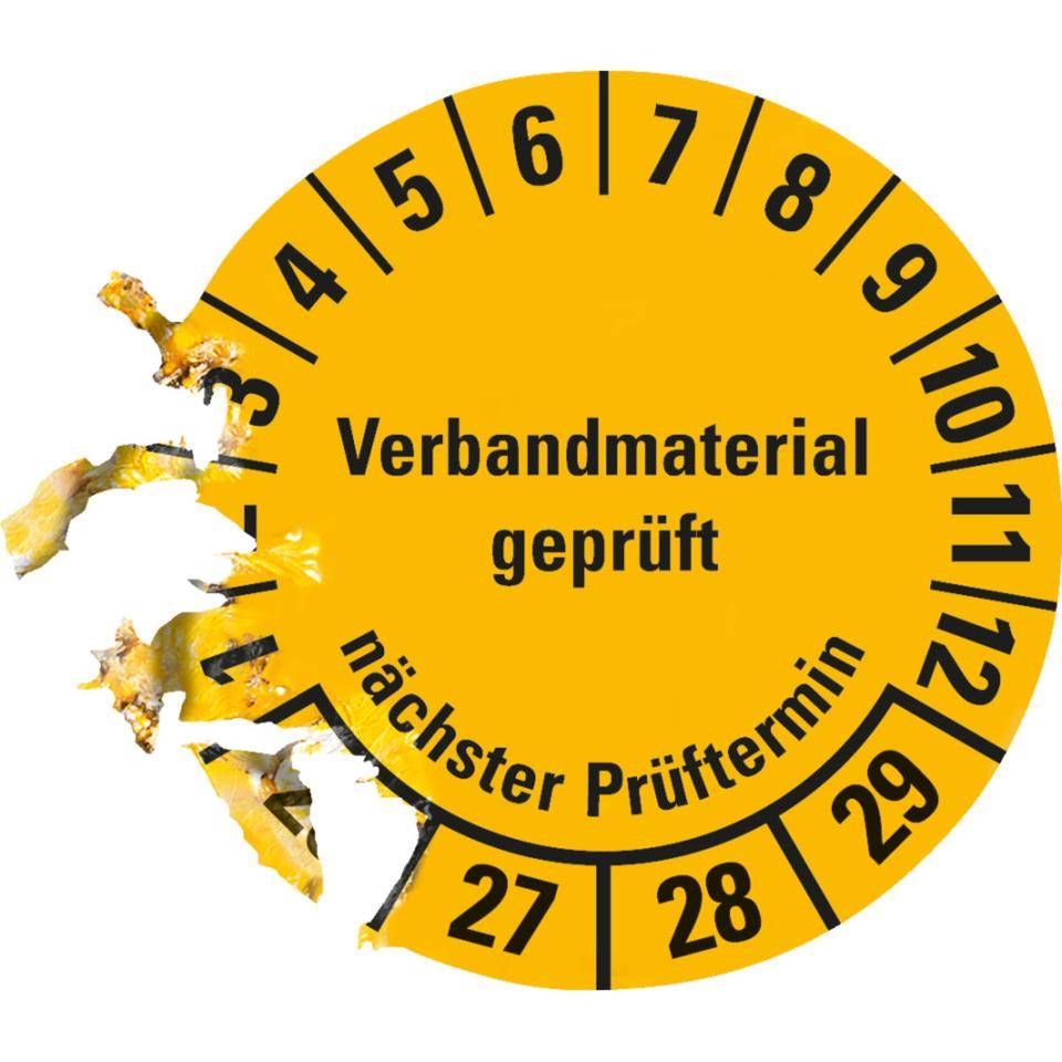 Prüfplakette Verbandmaterial geprüft, Nächster Prüftermin 26-29,gelb, Dokumentenfolie, Ø 35mm, 10/Bogen
