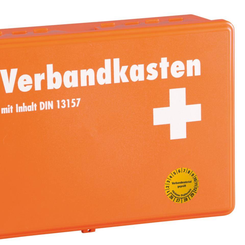 Prüfplakette Verbandmaterial geprüft, Nächster Prüftermin 26-29,gelb, Dokumentenfolie, Ø 35mm, 10/Bogen