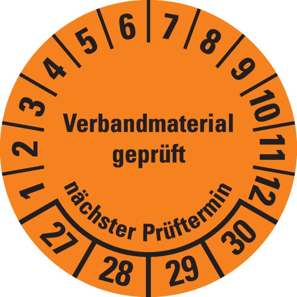 Prüfplakette Verbandmaterial geprüft, Nächster Prüftermin 27-30,orange, Dokumentenfolie, Ø 35mm, 10/Bogen