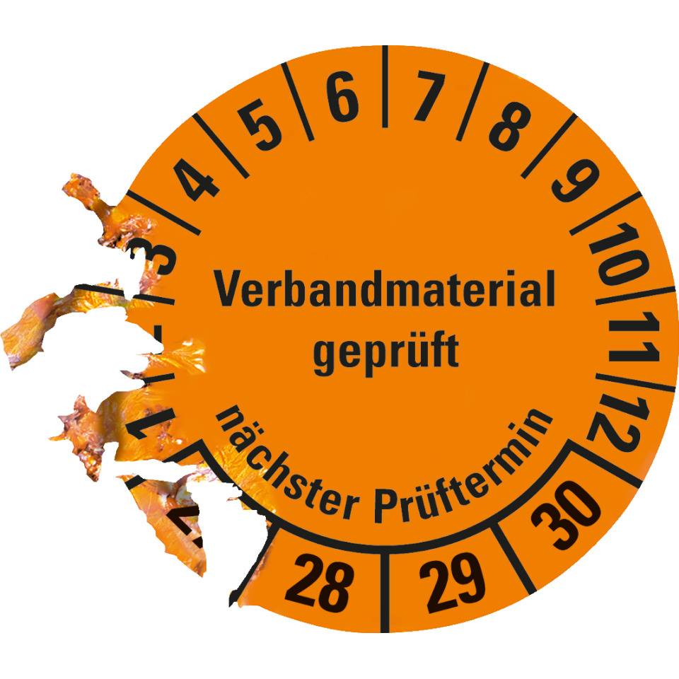 Prüfplakette Verbandmaterial geprüft, Nächster Prüftermin 27-30, orange, Dokumentenfolie, Ø 35mm, 10/Bogen