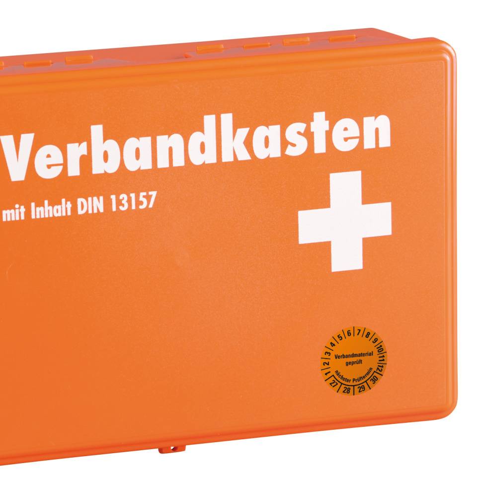Prüfplakette Verbandmaterial geprüft, Nächster Prüftermin 27-30, orange, Dokumentenfolie, Ø 35mm, 10/Bogen