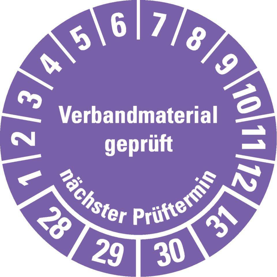 Prüfplakette Verbandmaterial geprüft, Nächster Prüftermin 28-31,violett, Dokumentenfolie, Ø 35mm, 10/Bogen