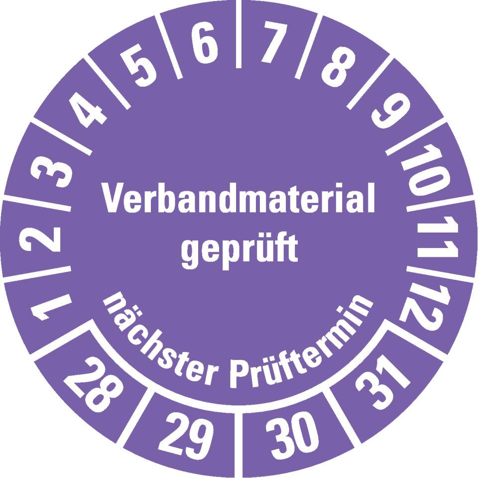 Prüfplakette Verbandmaterial geprüft, Nächster Prüftermin 28-31, violett, Dokumentenfolie, Ø 35mm, 10/Bogen