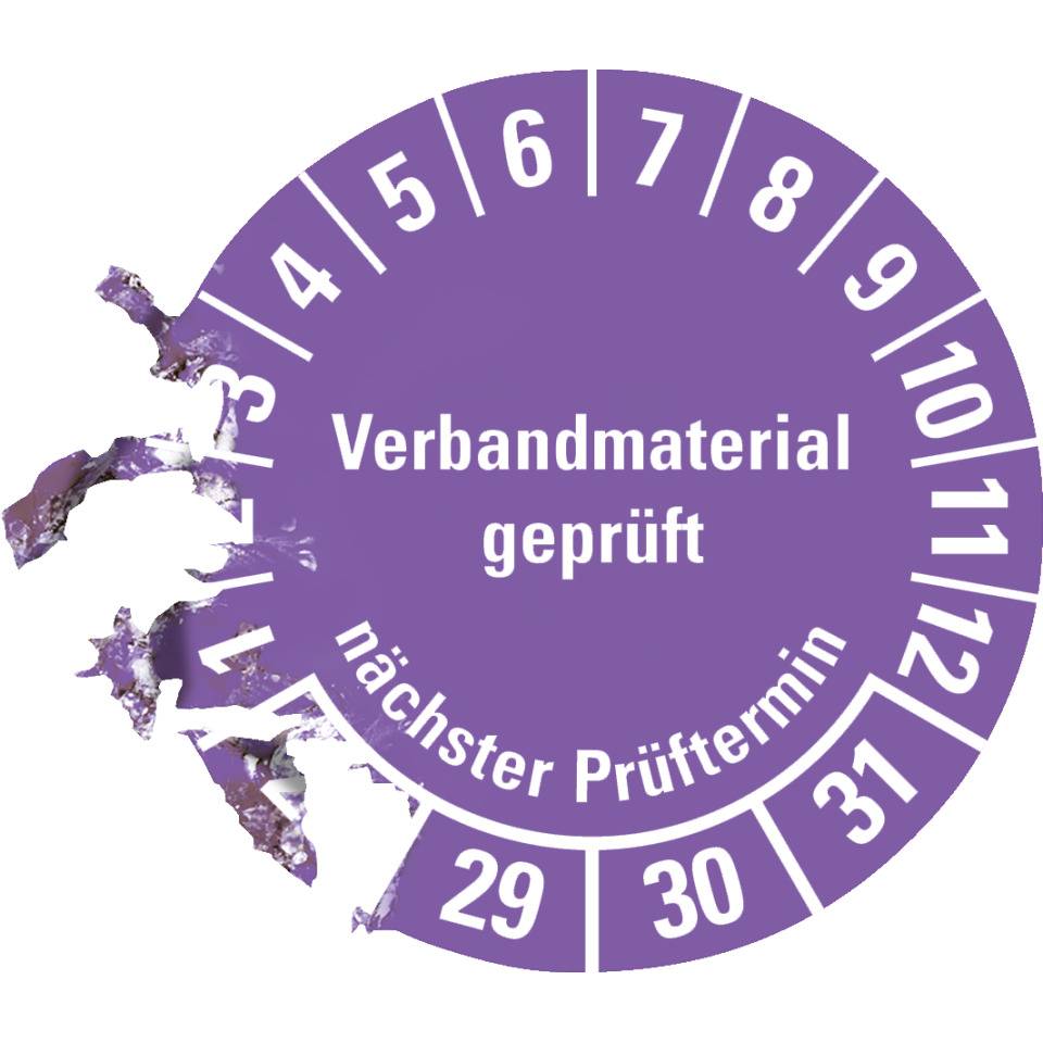 Prüfplakette Verbandmaterial geprüft, Nächster Prüftermin 28-31, violett, Dokumentenfolie, Ø 35mm, 10/Bogen