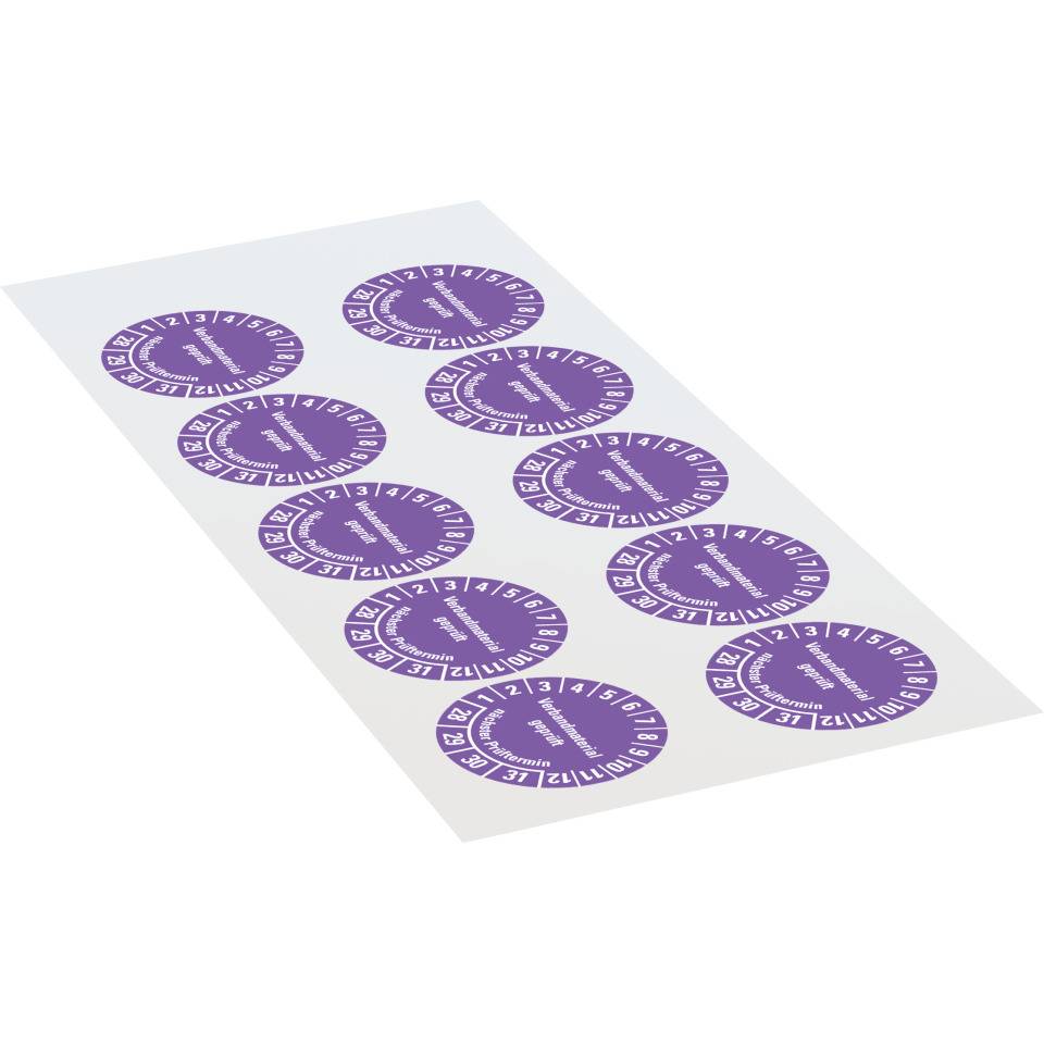 Prüfplakette Verbandmaterial geprüft, Nächster Prüftermin 28-31, violett, Dokumentenfolie, Ø 35mm, 10/Bogen