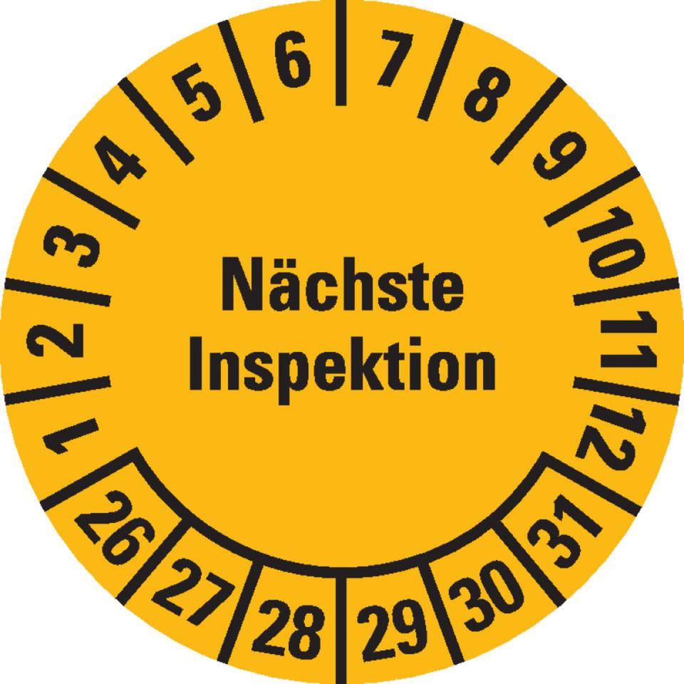 Prüfplakette Nächste Inspektion 26-31, gelb, Dokumentenfolie, Ø 20mm, 36/Bogen