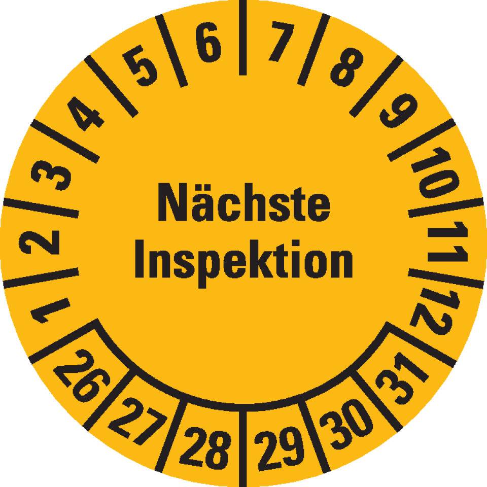 Prüfplakette Nächste Inspektion 26-31, gelb, Dokumentenfolie, Ø 20mm, 36/Bogen