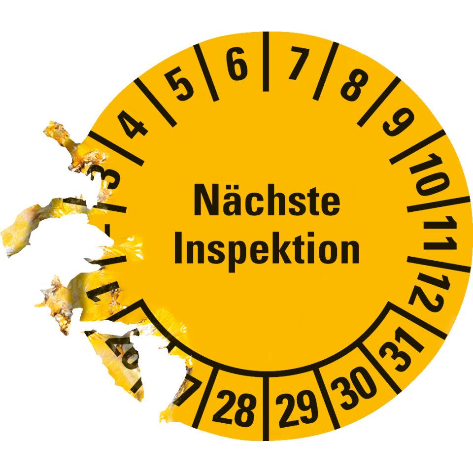 Prüfplakette Nächste Inspektion 26-31, gelb, Dokumentenfolie, Ø 20mm, 36/Bogen