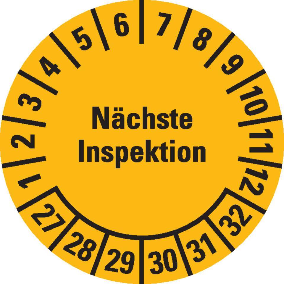 Prüfplakette Nächste Inspektion 27-32, gelb, Dokumentenfolie, Ø 20mm, 36/Bogen