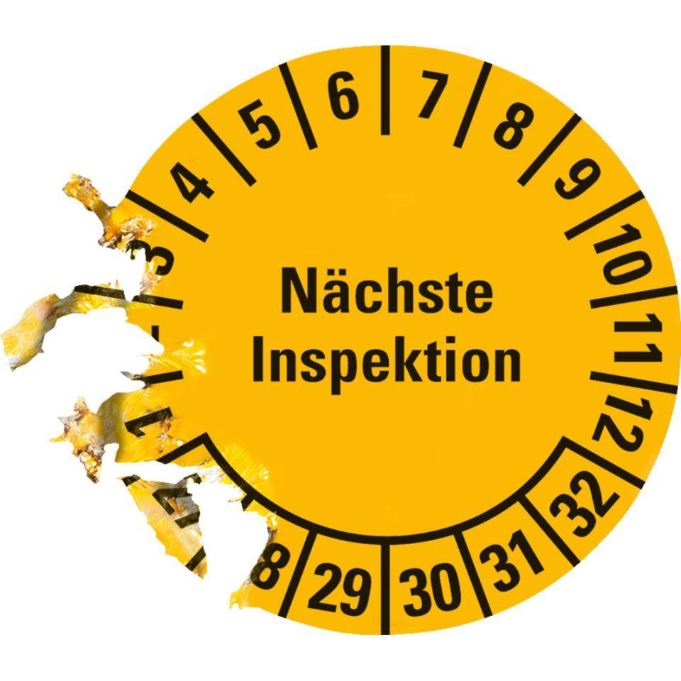 Prüfplakette Nächste Inspektion 27-32, gelb, Dokumentenfolie, Ø 20mm, 36/Bogen
