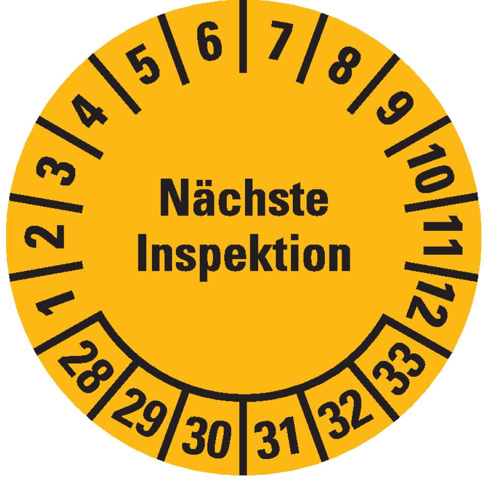 Prüfplakette Nächste Inspektion 28-33, gelb, Dokumentenfolie, Ø 20mm, 36/Bogen