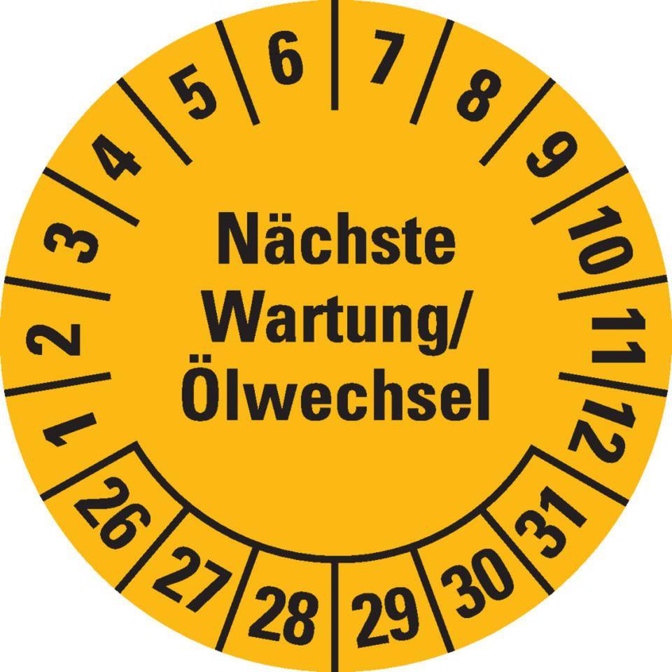 Prüfplakette Nächste Wartung/Ölwechsel 26-31, gelb, Dokumentenfolie, Ø30mm, 18/Bogen