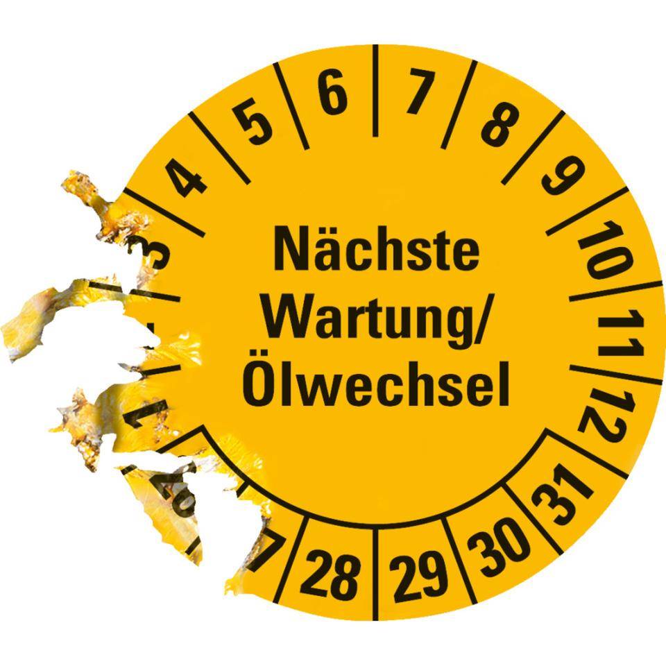 Prüfplakette Nächste Wartung/Ölwechsel 26-31, gelb, Dokumentenfolie, Ø30mm, 18/Bogen