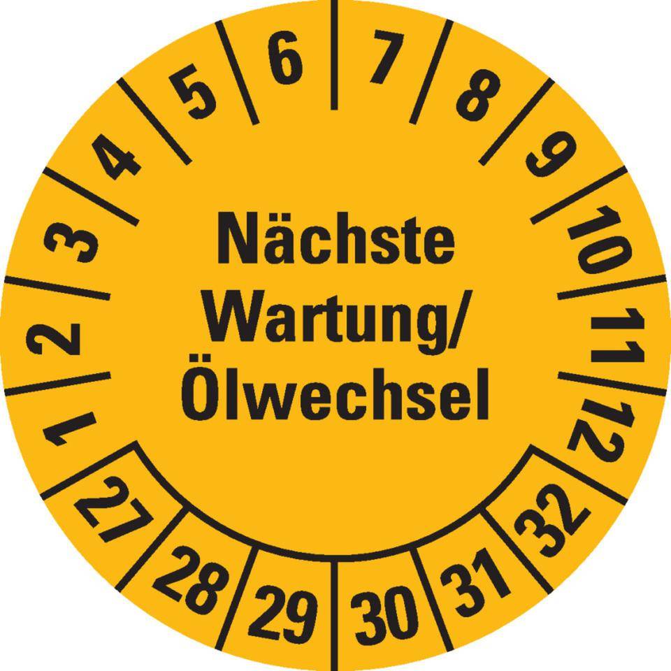 Prüfplakette Nächste Wartung/Ölwechsel 27-32, gelb, Dokumentenfolie, Ø30mm, 18/Bogen