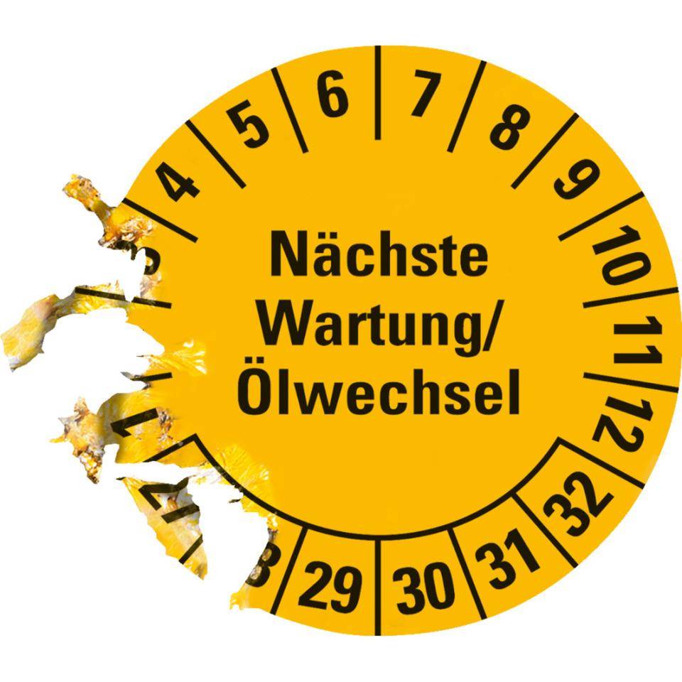 Prüfplakette Nächste Wartung/Ölwechsel 27-32, gelb, Dokumentenfolie, Ø30mm, 18/Bogen
