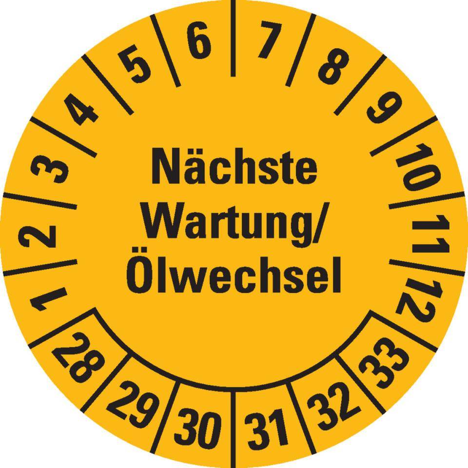 Prüfplakette Nächste Wartung/Ölwechsel 28-33, gelb, Dokumentenfolie, Ø30mm, 18/Bogen