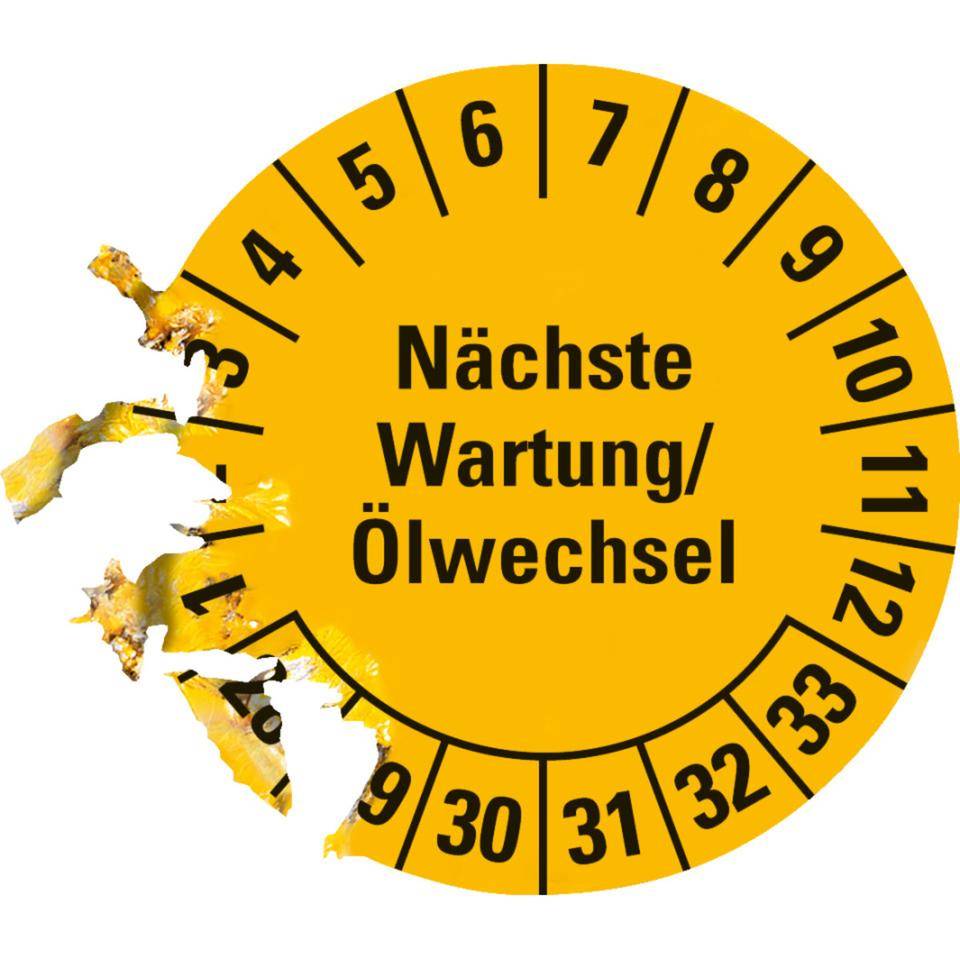 Prüfplakette Nächste Wartung/Ölwechsel 28-33, gelb, Dokumentenfolie, Ø30mm, 18/Bogen