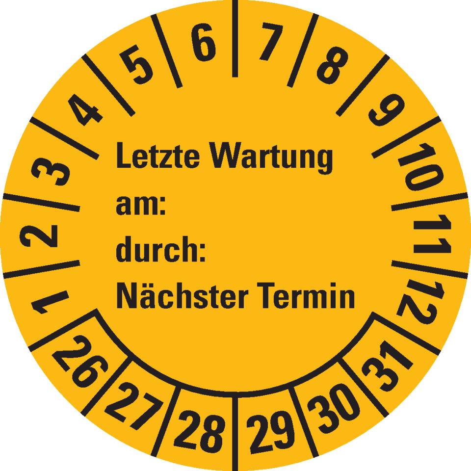 Prüfplakette Letzte Wartung, am, durch, Nächste Prüfung 26-31, gelb, Dokumentenfolie, Ø30mm, 18/BOG