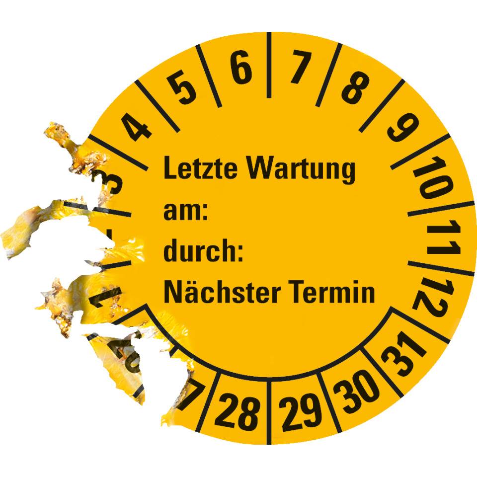Prüfplakette Letzte Wartung, am, durch, Nächste Prüfung 26-31, gelb, Dokumentenfolie, Ø30mm, 18/BOG