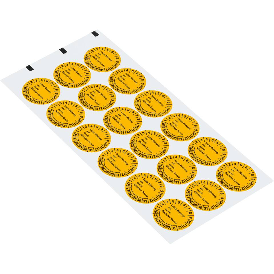 Prüfplakette Letzte Wartung, am, durch, Nächste Prüfung 26-31, gelb, Dokumentenfolie, Ø30mm, 18/BOG