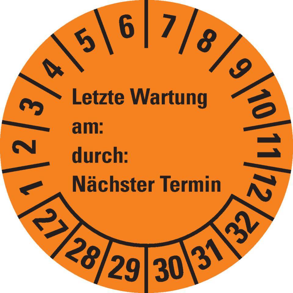 Prüfplakette Letzte Wartung, am, durch, Nächste Prüftermin 27-32, orange, Dokumentenfolie, Ø30mm, 18/BOG