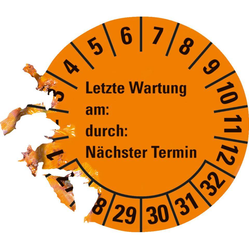 Prüfplakette Letzte Wartung, am, durch, Nächste Prüftermin 27-32, orange, Dokumentenfolie, Ø30mm, 18/BOG