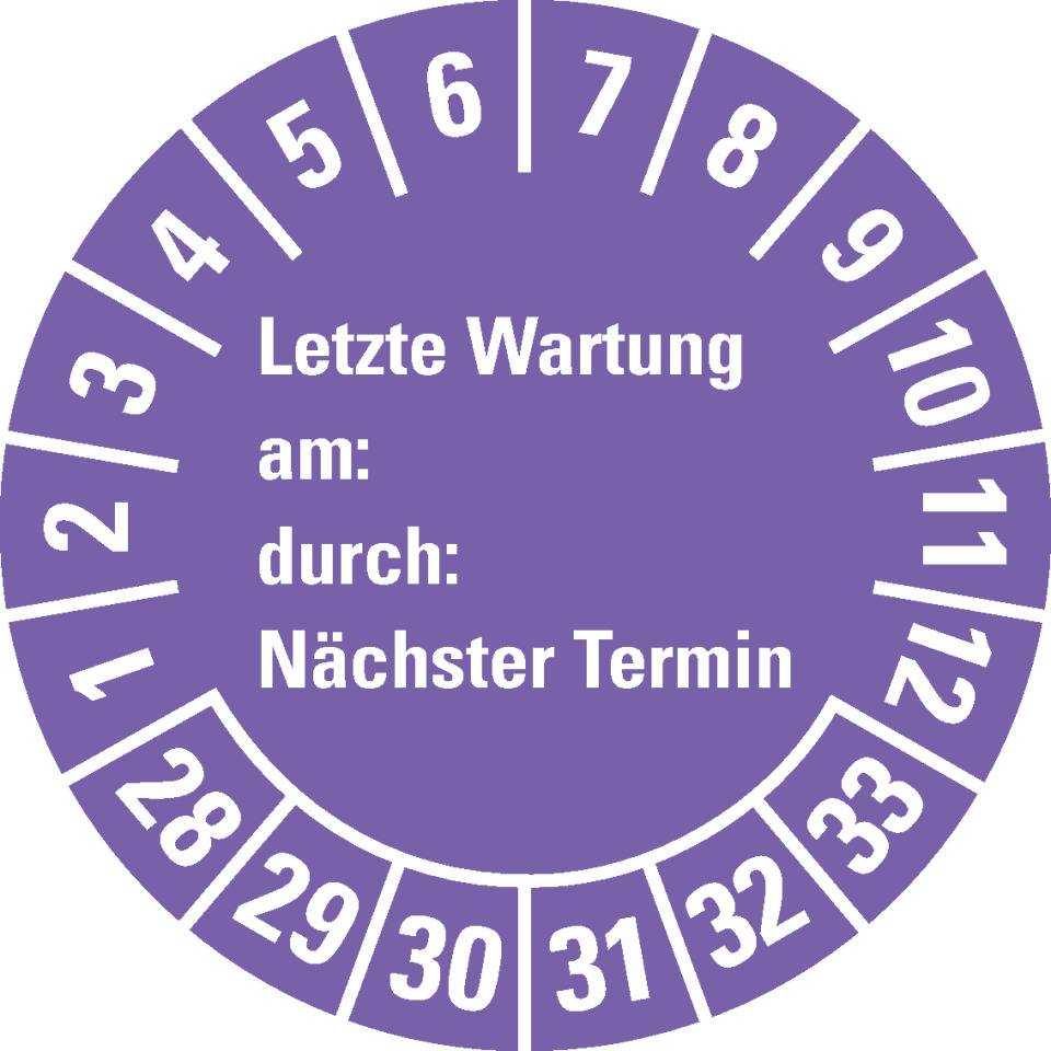 Prüfplakette Letzte Wart., am, durch, Nächste Prüfung 28-33, violett, Dokumentenfolie, Ø30mm, 18/BOG
