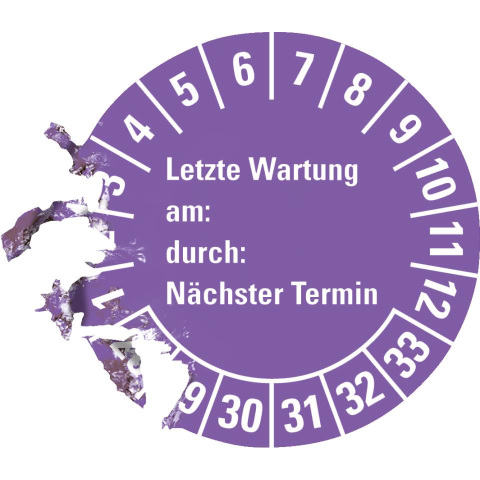 Prüfplakette Letzte Wart., am, durch, Nächste Prüfung 28-33, violett, Dokumentenfolie, Ø30mm, 18/BOG