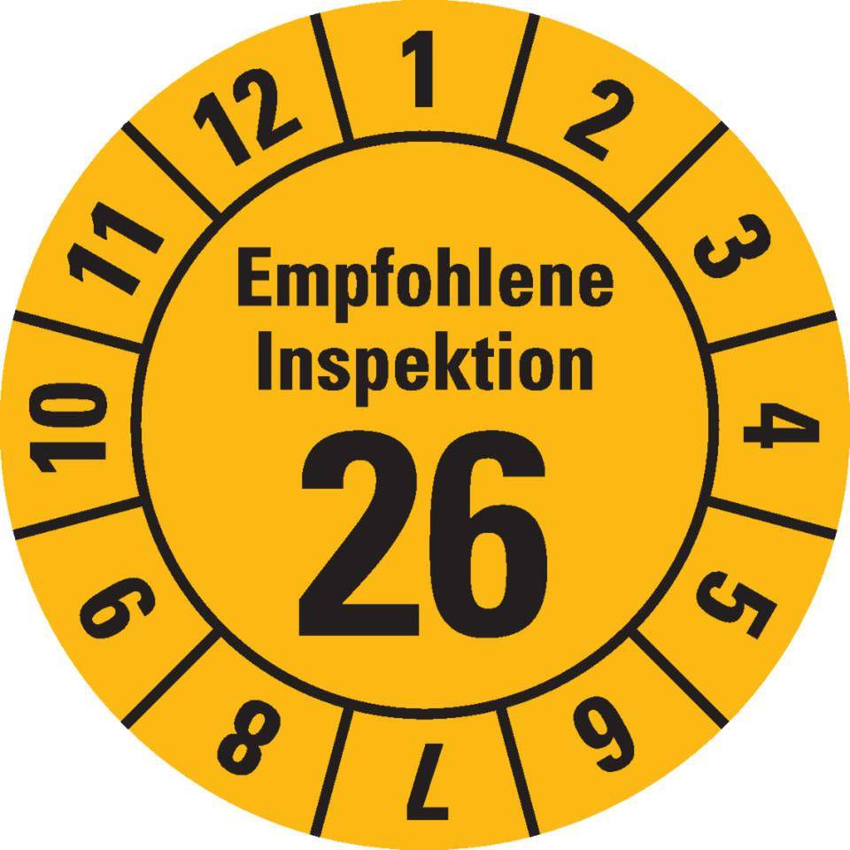 Prüfplakette Empf.Inspektion 26, gelb, Dokumentenfolie, Ø 30mm, 18/Bogen