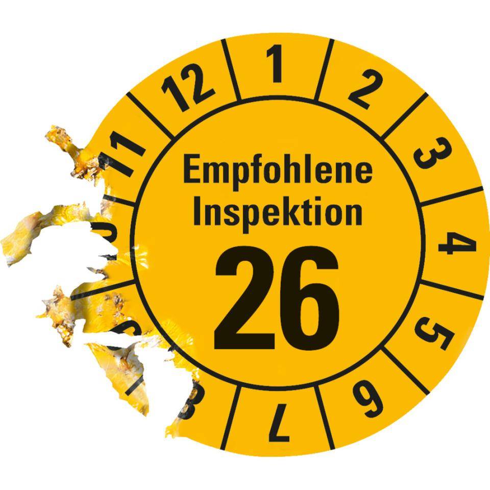 Prüfplakette Empf.Inspektion 26, gelb, Dokumentenfolie, Ø 30mm, 18/Bogen