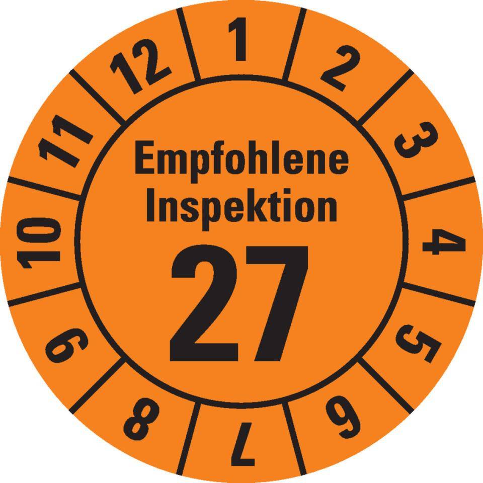 Prüfplakette Empfohlene Inspektion 27, orange, Dokumentenfolie, Ø 30mm, 18/Bogen