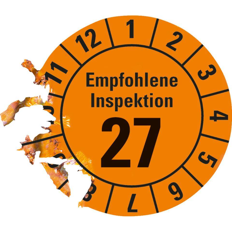Prüfplakette Empfohlene Inspektion 27, orange, Dokumentenfolie, Ø 30mm, 18/Bogen