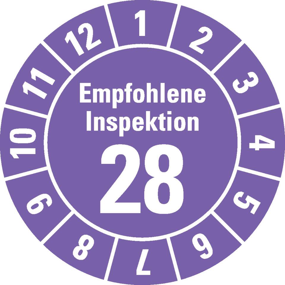Prüfplakette Empf.Inspektion 28, violett, Dokumentenfolie, Ø 30mm, 18/Bogen