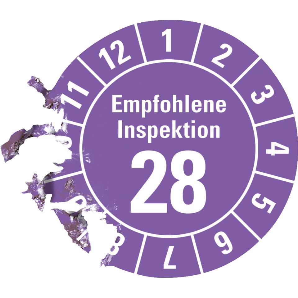 Prüfplakette Empf.Inspektion 28, violett, Dokumentenfolie, Ø 30mm, 18/Bogen