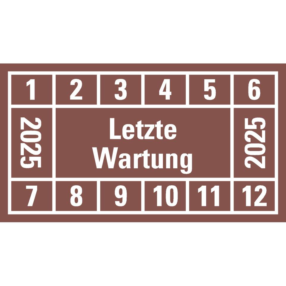 Prüfplakette Letzte Wartung 2025, braun, Dokumentenfolie, 45x25mm, 12/Bogen