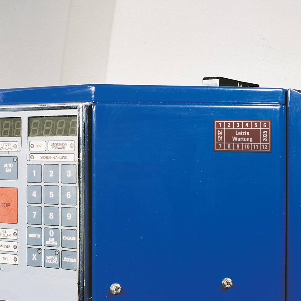 Prüfplakette Letzte Wartung 2025, braun, Dokumentenfolie, 45x25mm, 12/Bogen