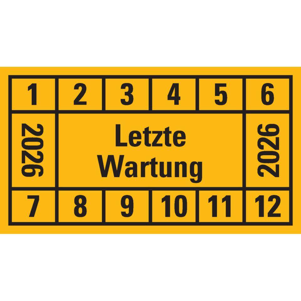 Prüfplakette Letzte Wartung 2026, gelb, Dokumentenfolie, 45x25mm, 12/Bogen