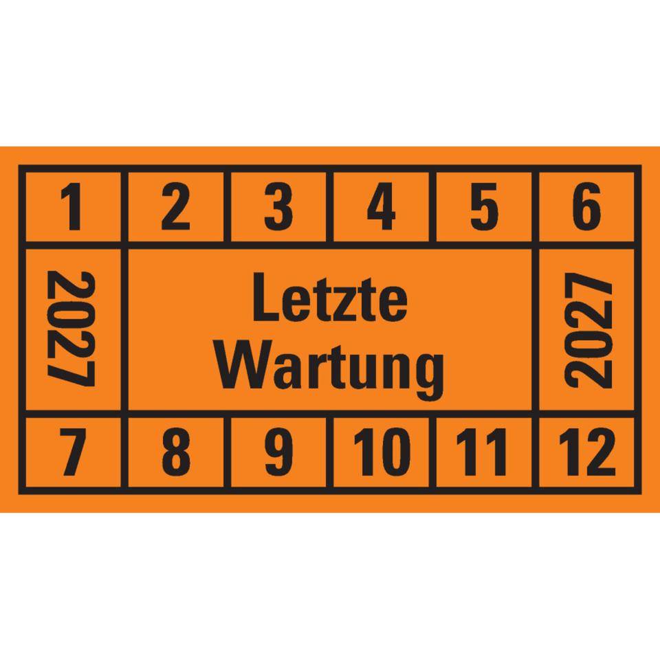 Prüfplakette Letzte Wartung 2027, orange, Dokumentenfolie, 45x25mm, 12/Bogen