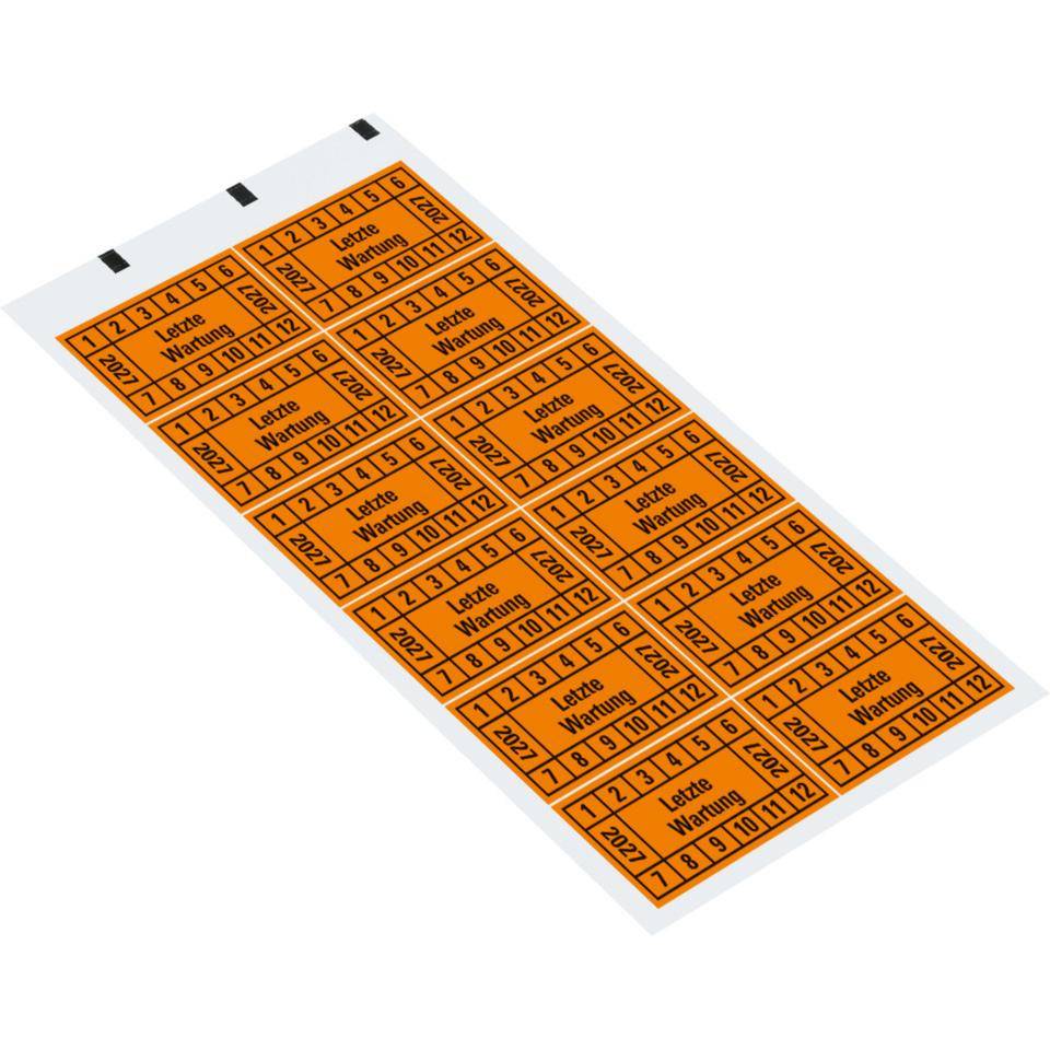 Prüfplakette Letzte Wartung 2027, orange, Dokumentenfolie, 45x25mm, 12/Bogen