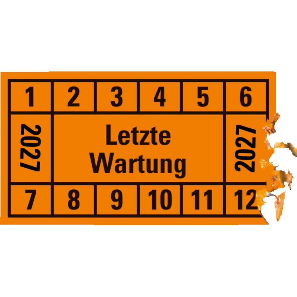 Prüfplakette Letzte Wartung 2027, orange, Dokumentenfolie, 45x25mm, 12/Bogen