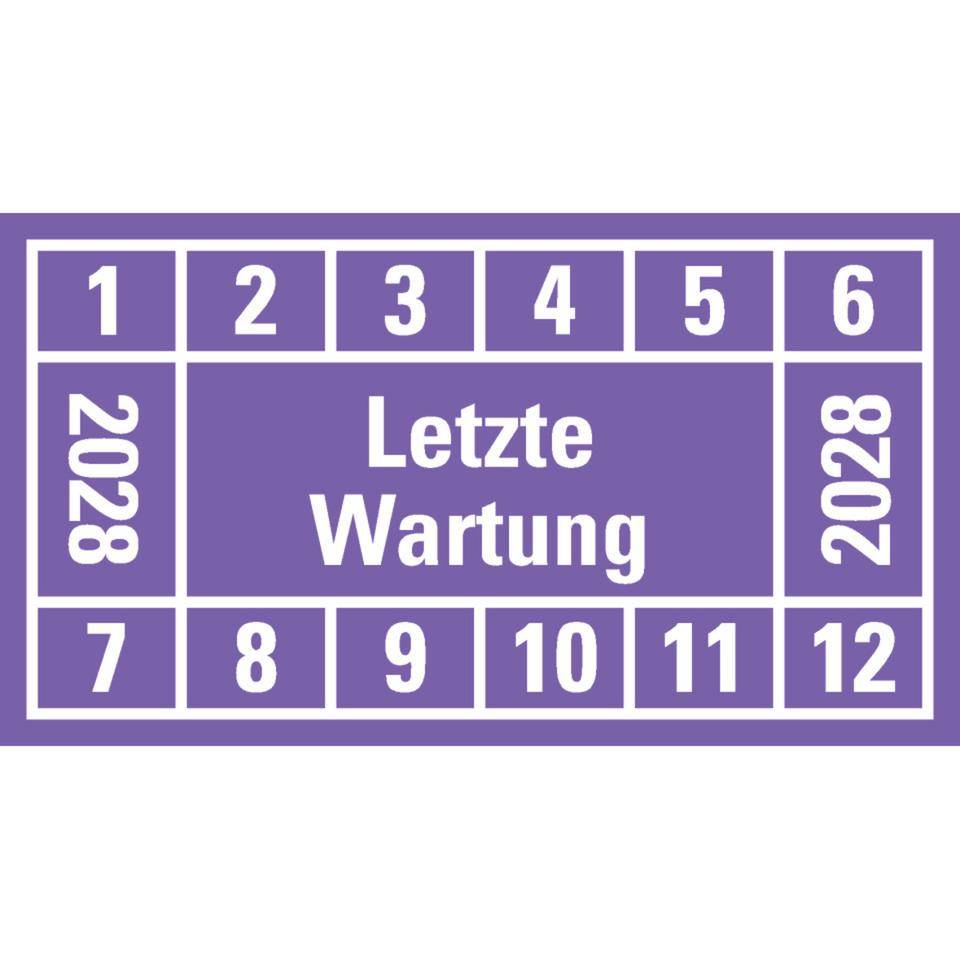 Prüfplakette Letzte Wartung 2028, violett, Dokumentenfolie, 45x25mm, 12/Bogen