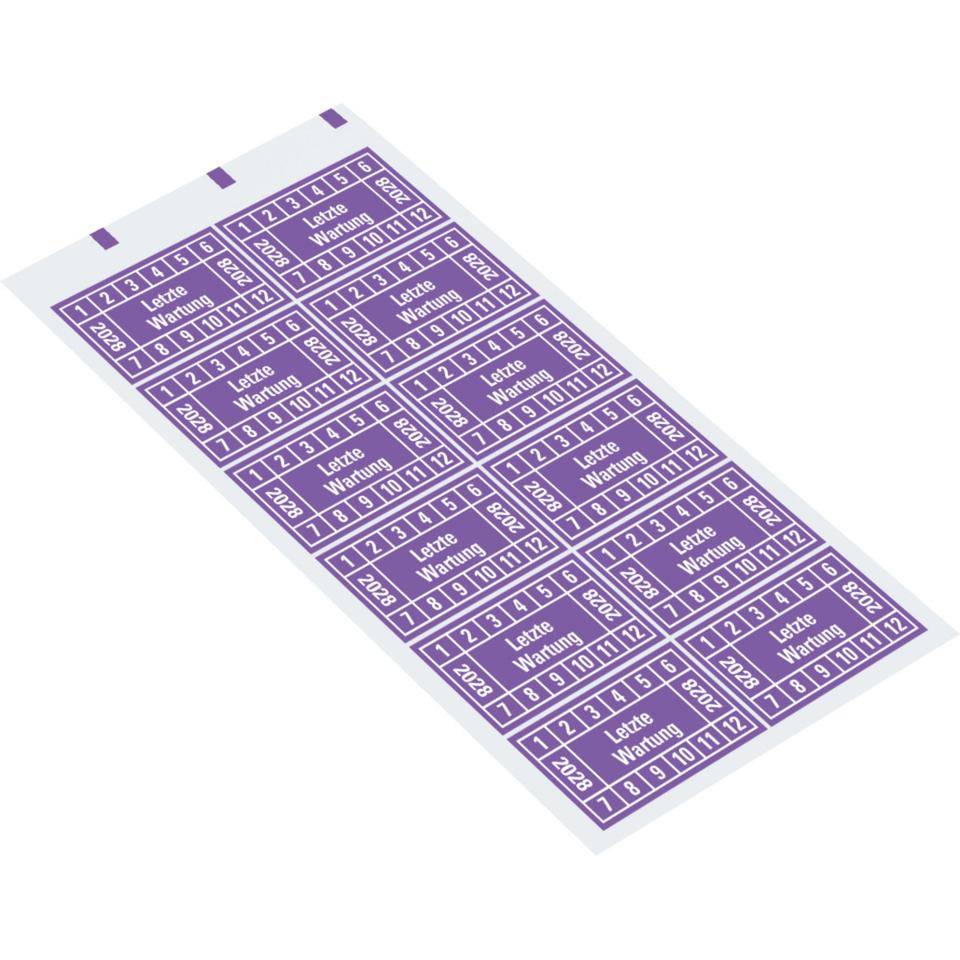 Prüfplakette Letzte Wartung 2028, violett, Dokumentenfolie, 45x25mm, 12/Bogen