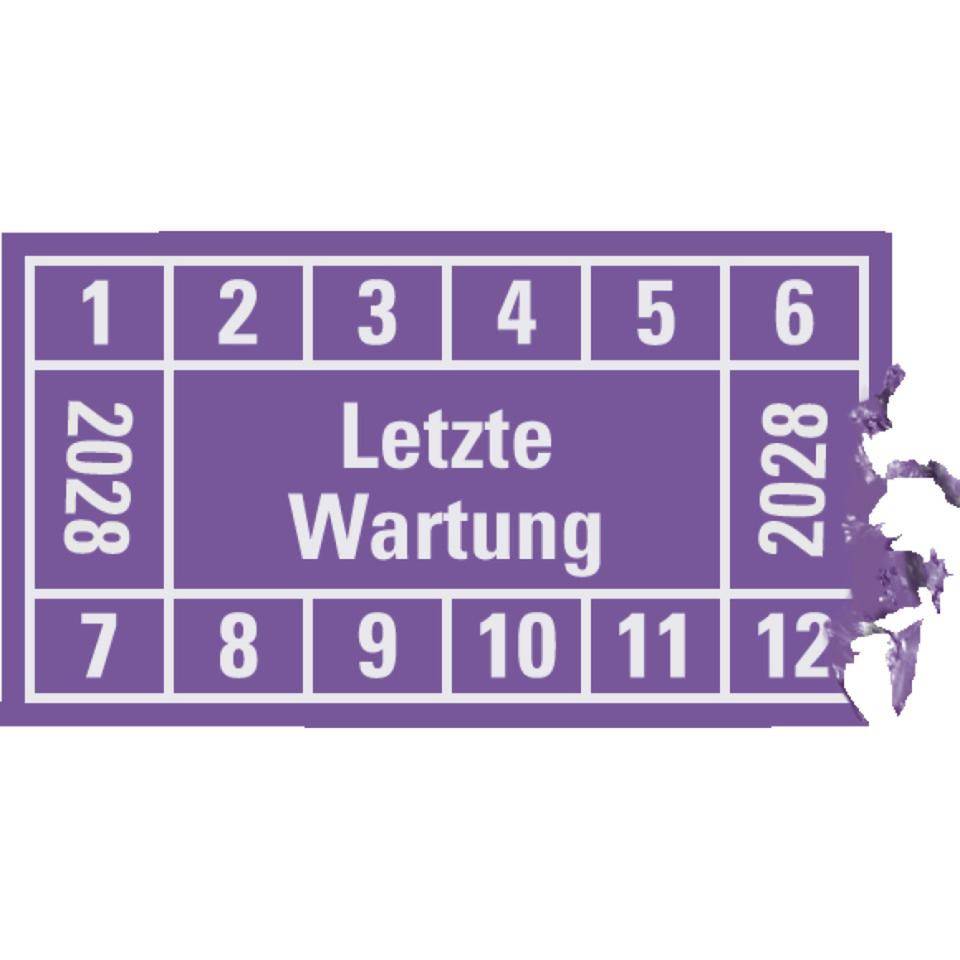 Prüfplakette Letzte Wartung 2028, violett, Dokumentenfolie, 45x25mm, 12/Bogen
