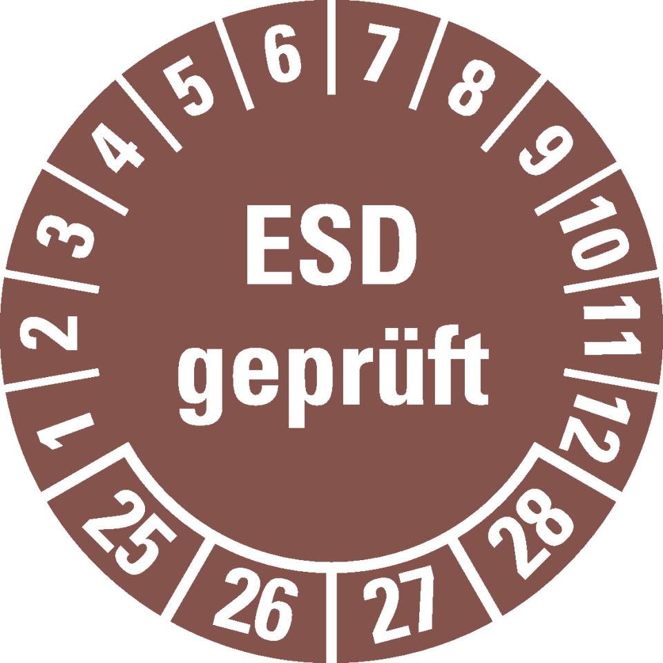 Prüfplakette ESD geprüft 25-28, braun, Dokumentenfolie, Ø 30mm, 18/Bogen
