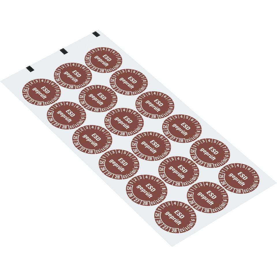 Prüfplakette ESD geprüft 25-28, braun, Dokumentenfolie, Ø 30mm, 18/Bogen
