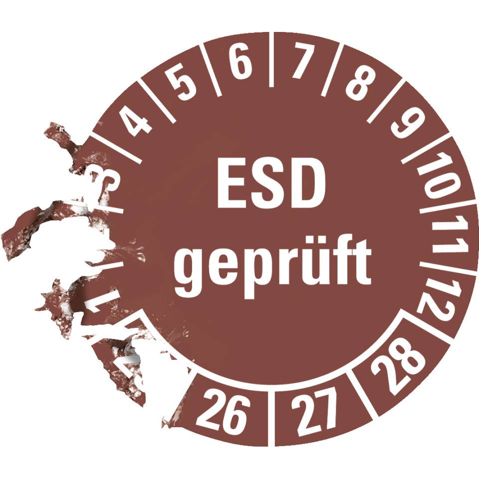 Prüfplakette ESD geprüft 25-28, braun, Dokumentenfolie, Ø 30mm, 18/Bogen