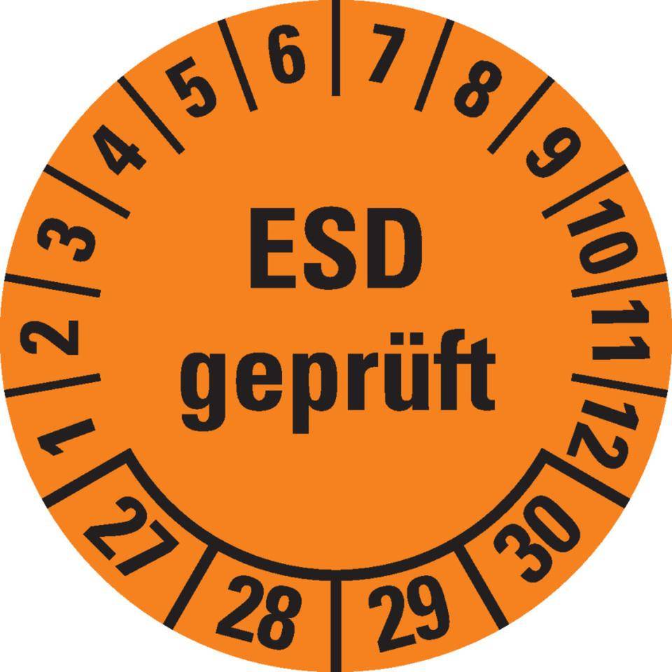 Prüfplakette ESD geprüft 27-30, orange, Dokumentenfolie, Ø 30mm,18/Bogen