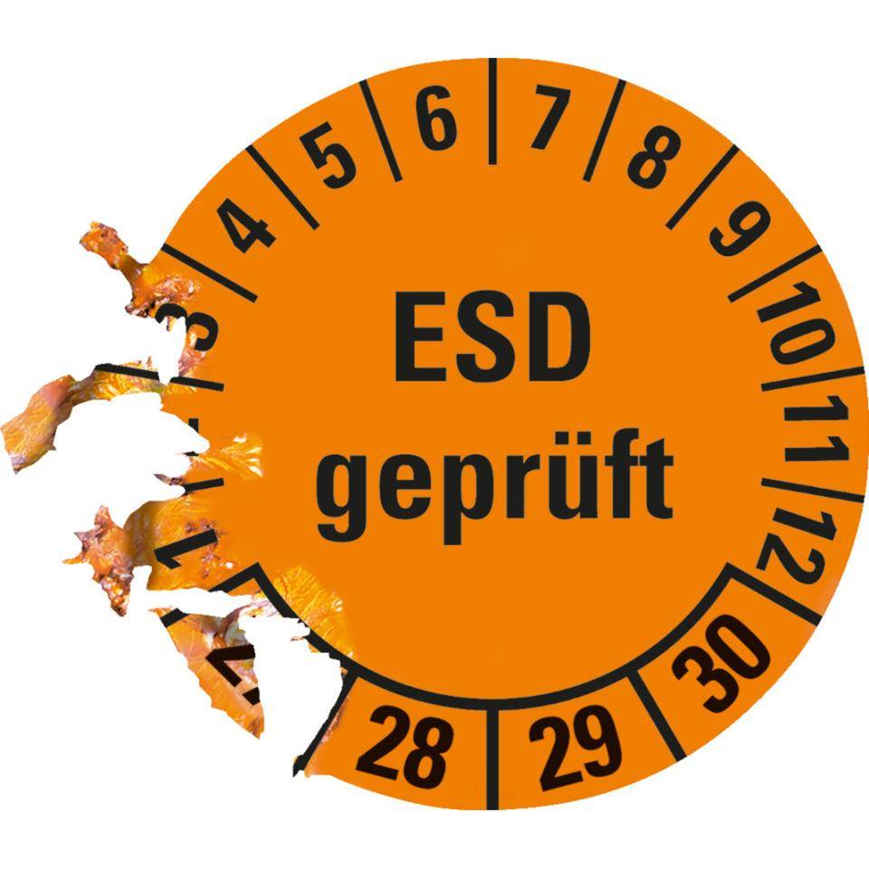 Prüfplakette ESD geprüft 27-30, orange, Dokumentenfolie, Ø 30mm,18/Bogen